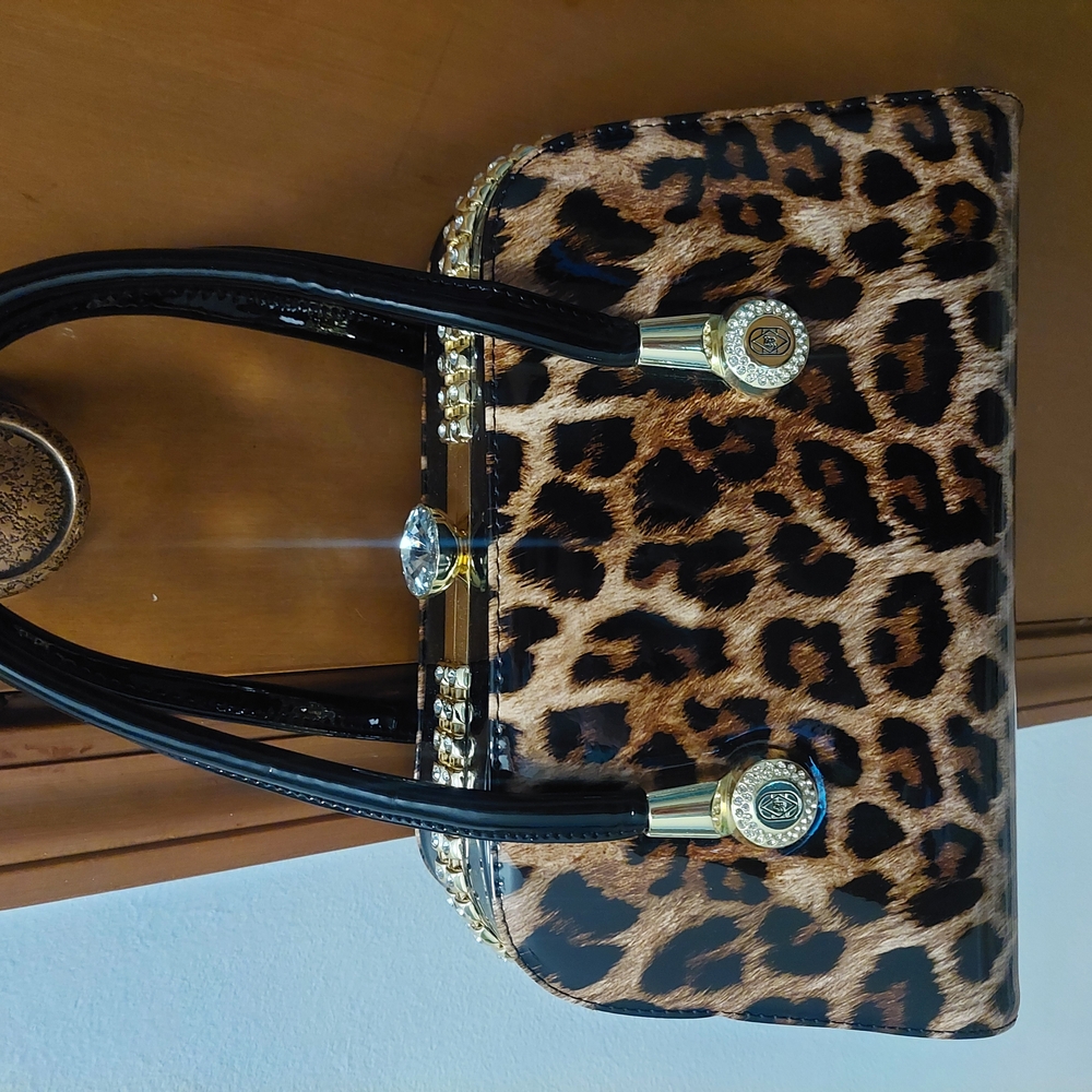 Brown and Black Leopard Print Satchel with Sleek Black Handles